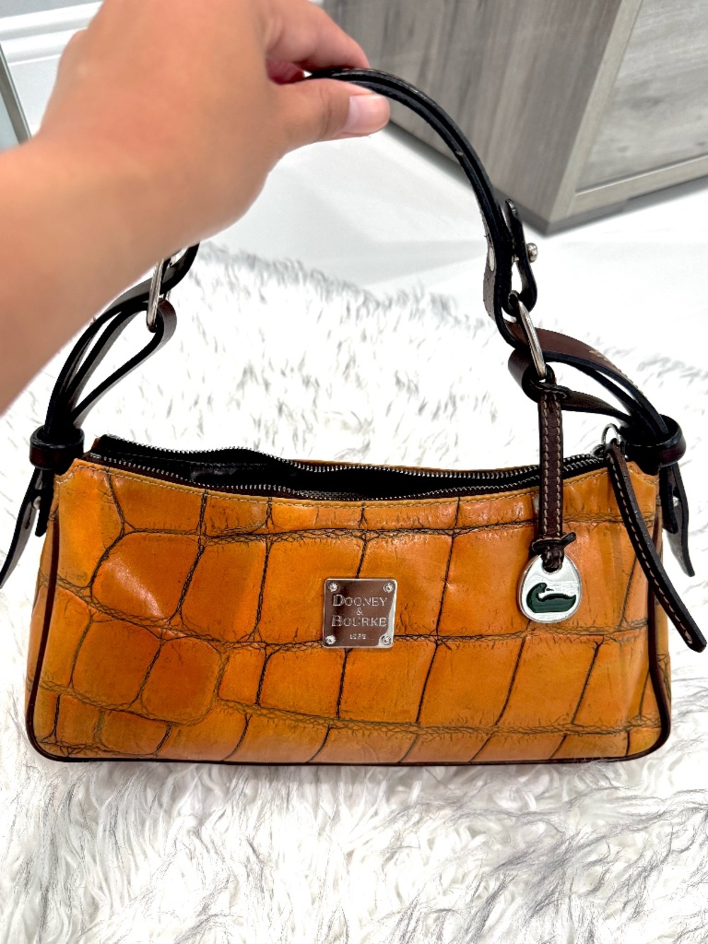 Dooney & Bourke Vintage Cognac Croc-Embossed Leather Shoulder Bag / Baguette